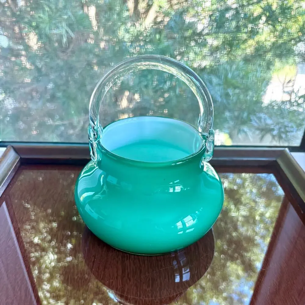 Vintage Polish Green Cased Glass Basket White Interior 7 Inch Vase
